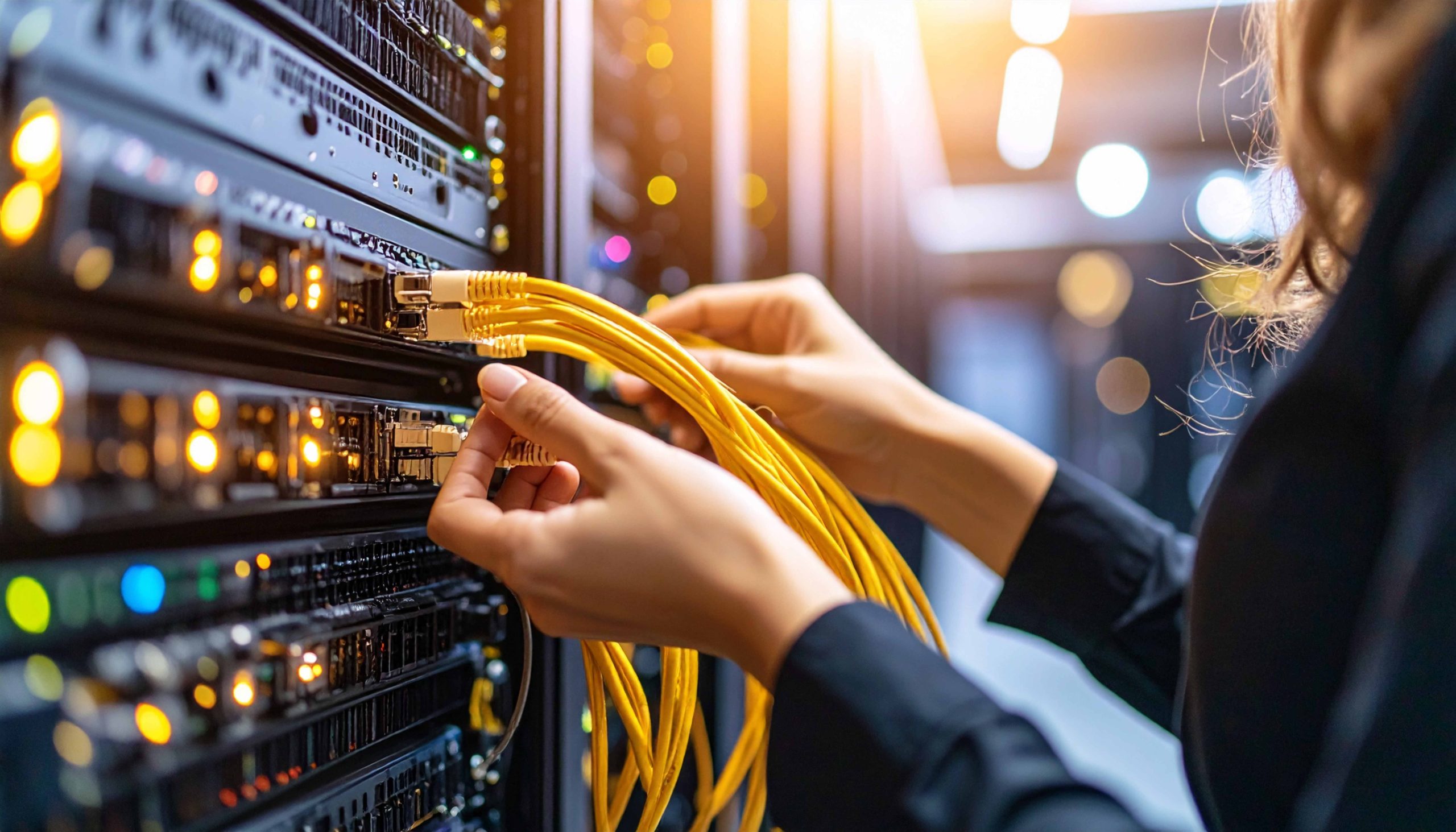 A female technician connects network cables to servers or switches in a busy data center, demonstrating the connectivity, maintenance, and critical information technology infrastruc Engineer connecting fibre network cables to data-centre equipment to maintain network uptime and reliability.